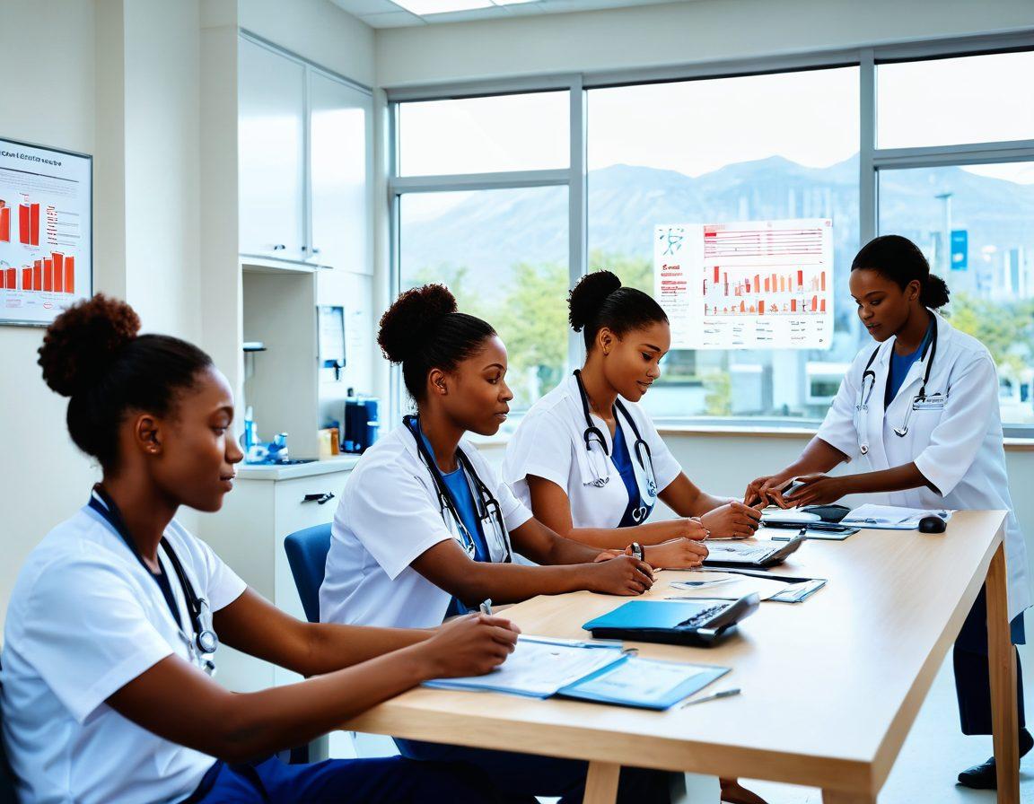 A serene scene depicting a diverse group of people engaging in various diagnostic tests, such as blood pressure checks and blood tests, set in a bright, welcoming clinic. In the background, infographics showcasing wellness insights and health charts float around, symbolizing knowledge and awareness. Soft natural lighting spills through large windows, evoking a sense of hope and well-being. Illustrative style with a blend of realism and creativity. vibrant colors. soft focus.