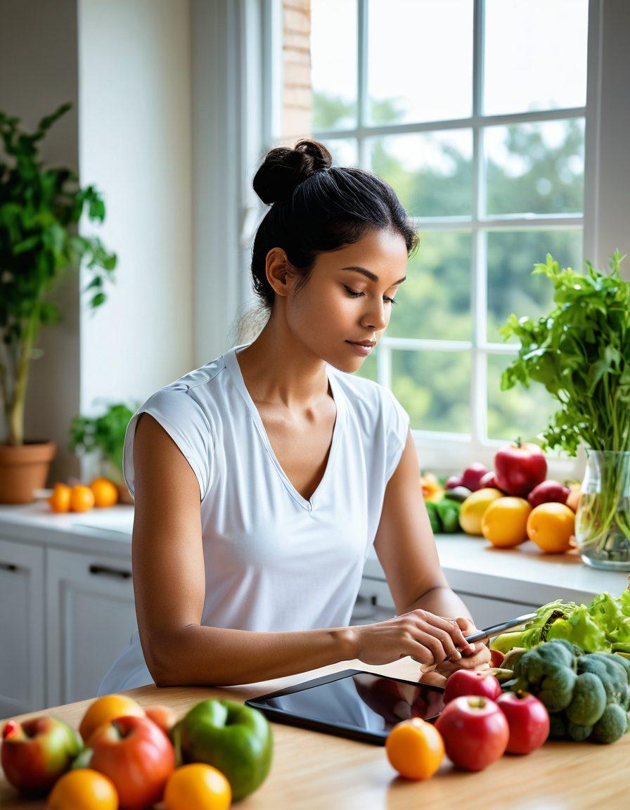 A thoughtful individual analyzing lab results on a tablet, surrounded by fresh fruits and vegetables, a glass of water, and fitness equipment. The background features a serene home environment with plants for a calming effect. Light streams through a window, symbolizing clarity and wellness. super-realistic. vibrant colors. warm lighting.
