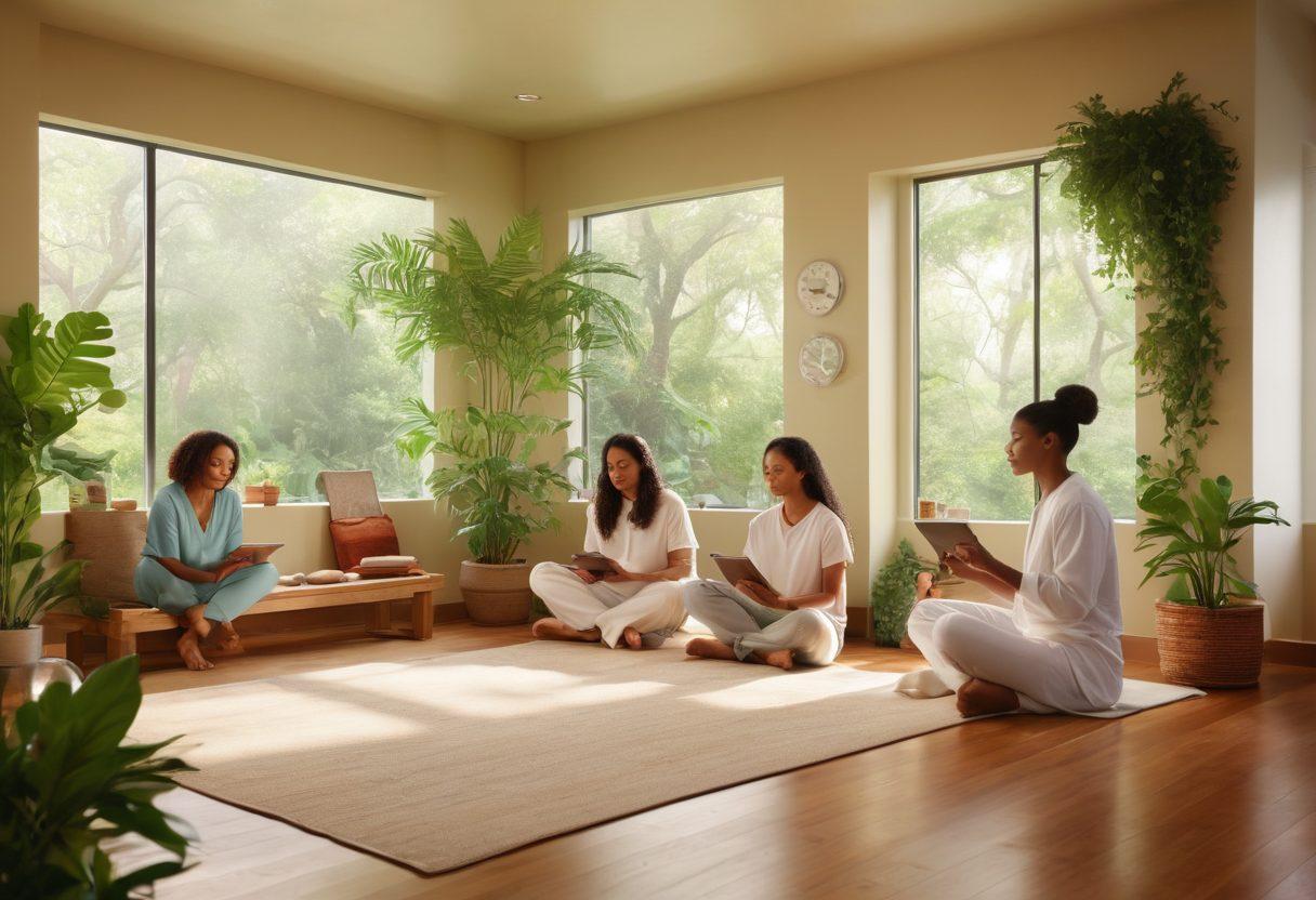 A serene and inviting wellness space featuring a diverse group of individuals engaging in health check activities, examining test evaluations on tablets, surrounded by lush greenery and calming decor. Include elements like health posters, fresh fruits, and holistic symbols to emphasize wellness. Soft natural light streaming in, creating a warm and healing atmosphere. super-realistic. vibrant colors. soothing background.